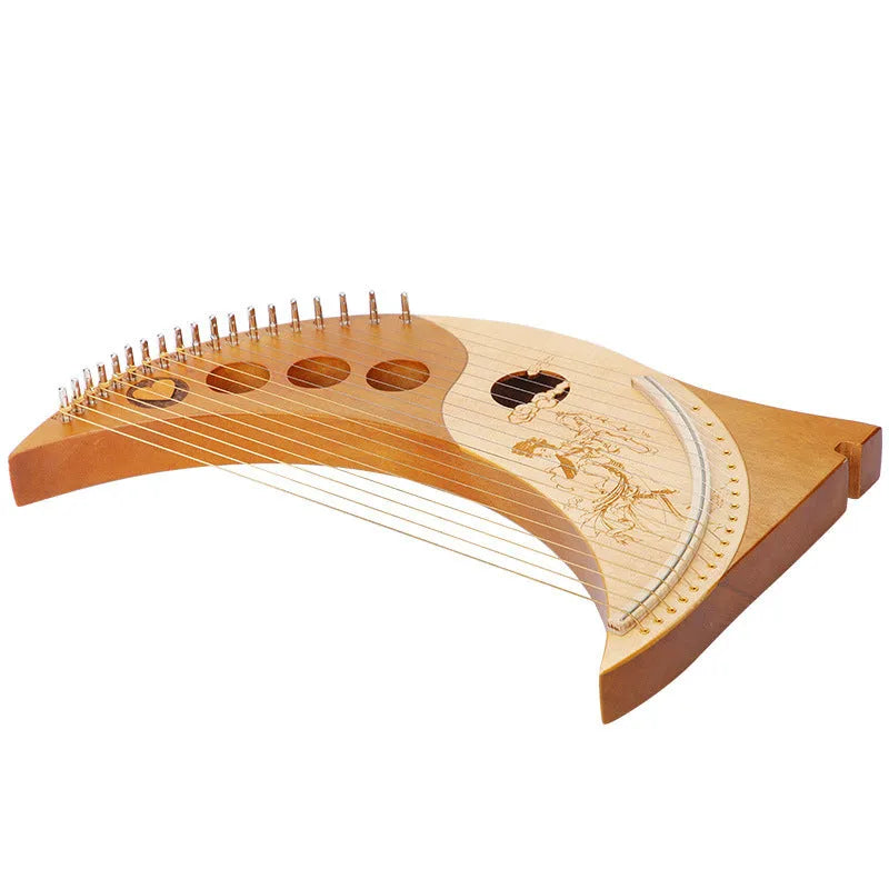 Wooden lyre harp with 10, 15, 16, or 19 strings in natural log, pink, sky blue, or moon design