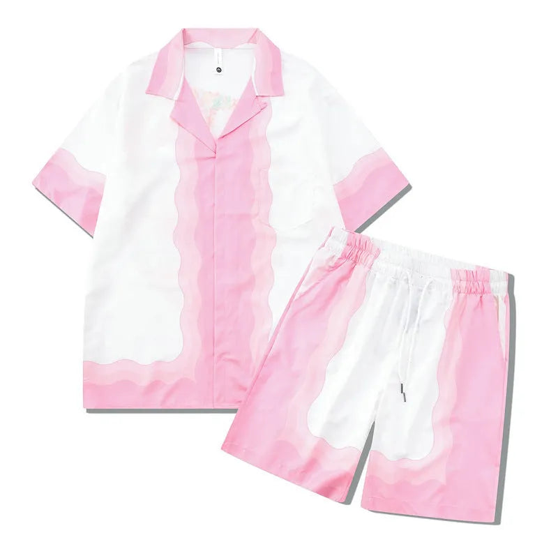 Men's plaid print beach outfit set with short sleeve shirt and trousers on hanger