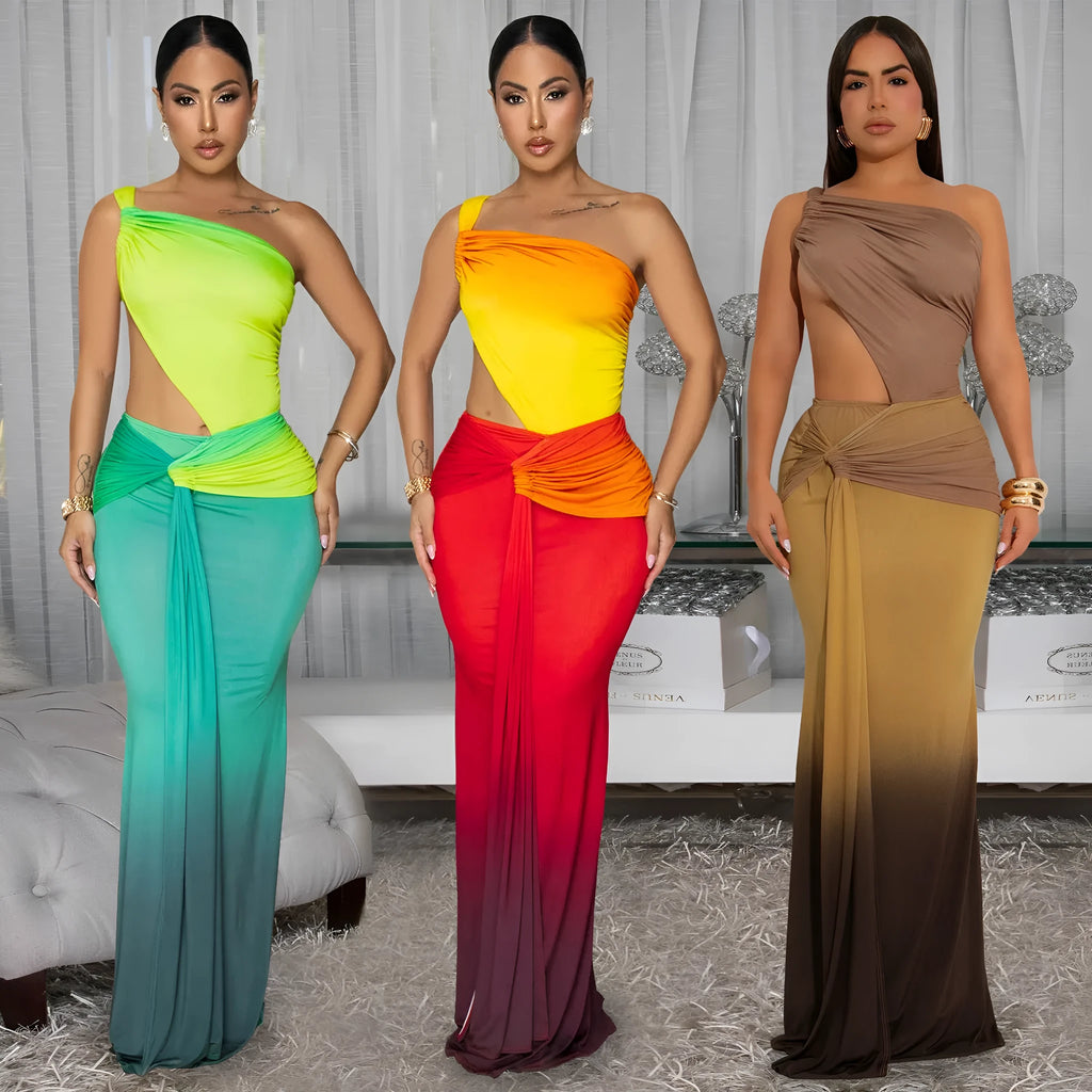 Women's gradient colour cross-shoulder summer dress in a high-waisted long skirt style.