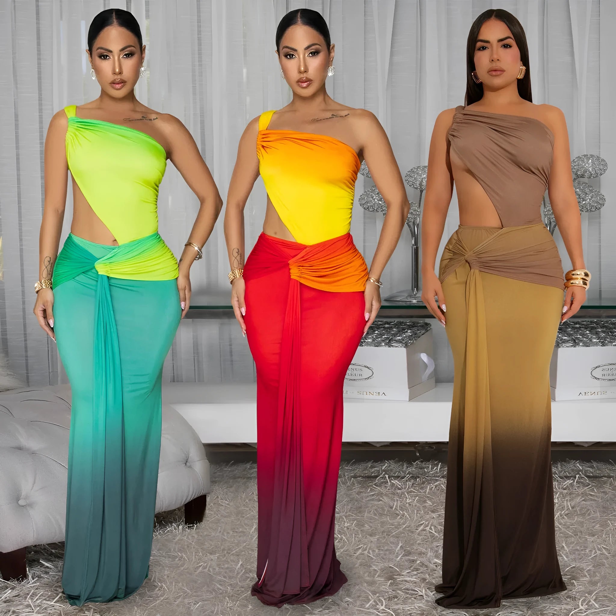 Women's sleeveless gradient colour dress with oblique shoulder style and high waist.