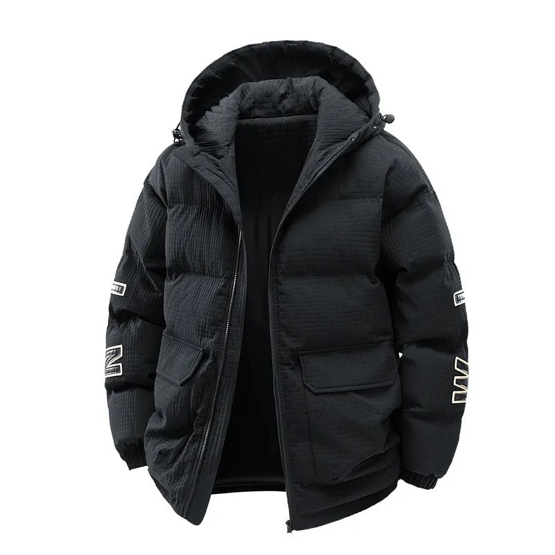 Korean-style men's black hooded padded coat with letter print and side pockets