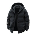 Korean-style men's black hooded padded coat with letter print and side pockets