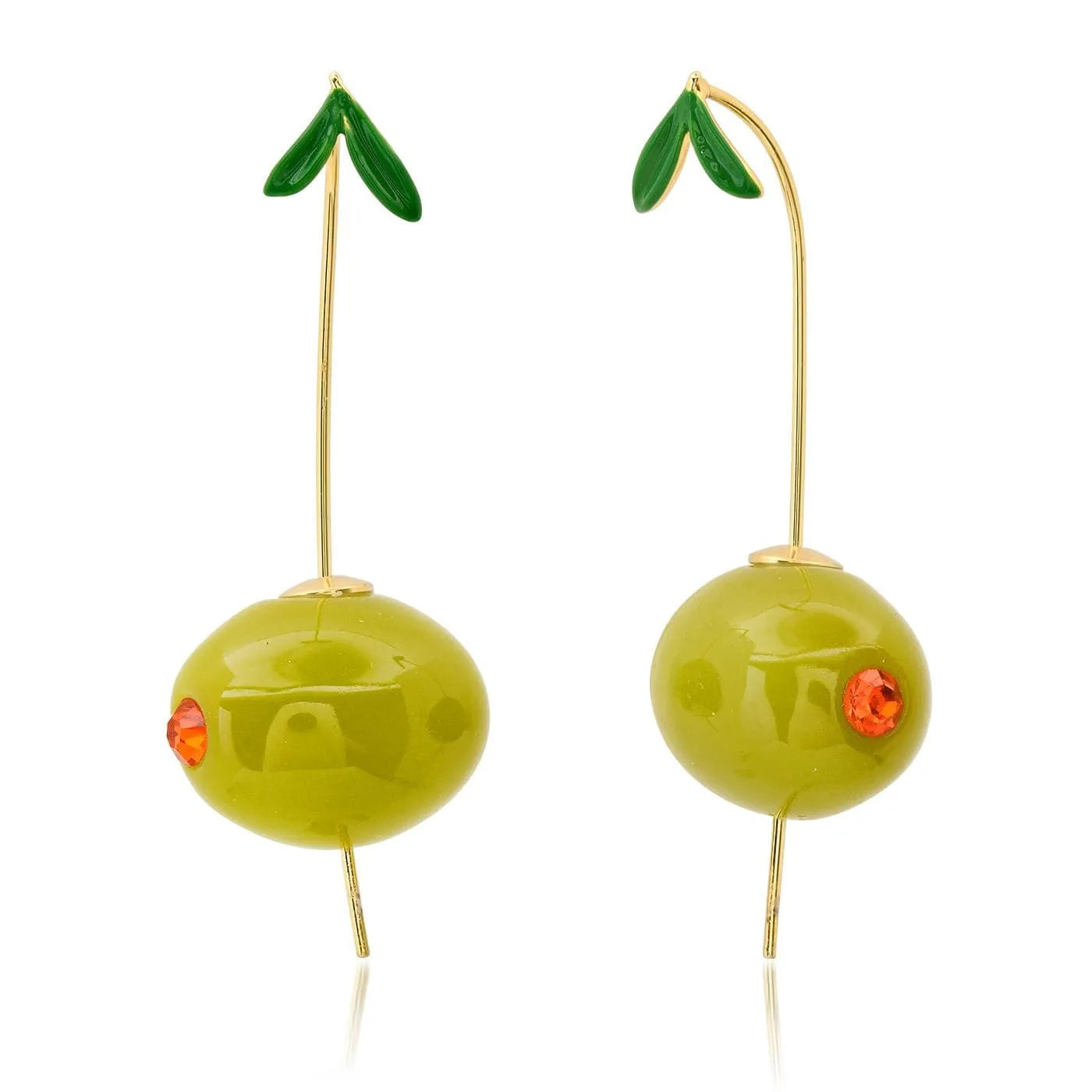 Gold plated fruit and vegetable design earrings showing seven colour variations on copper with electroplated finish