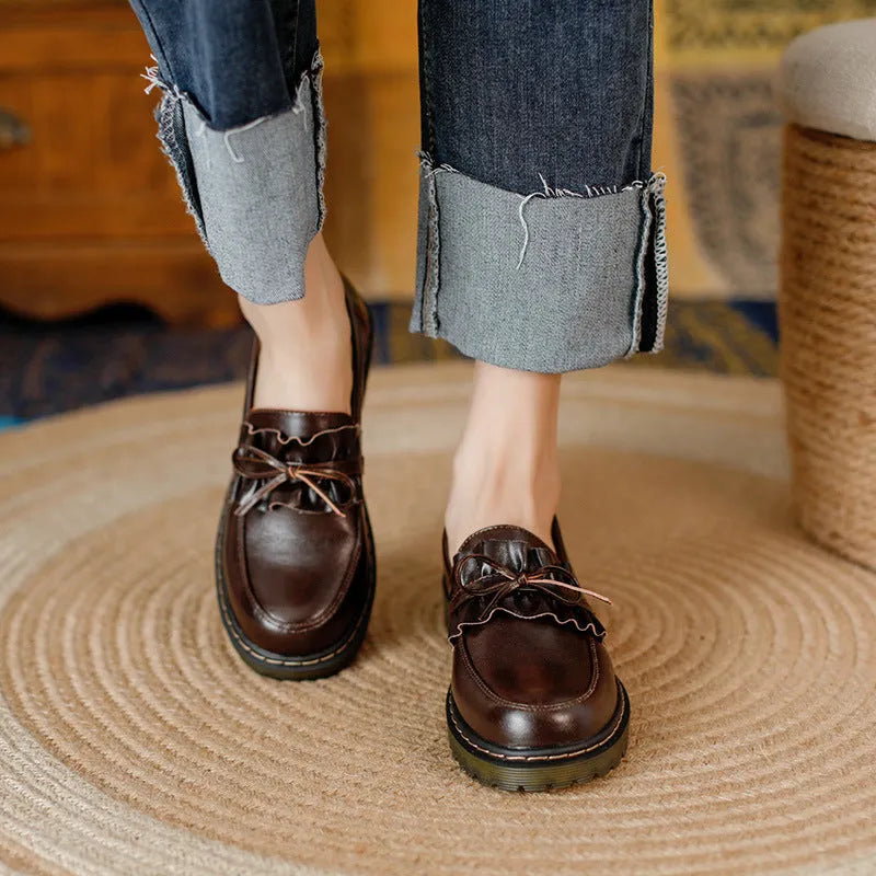 British style women's leather shoes with round head and chunky flat heel in black or brown