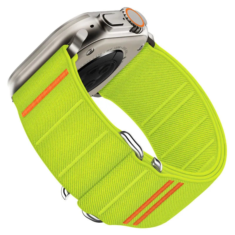 Elastic nylon Apple Watch replacement band with stainless steel buckle in various colours.