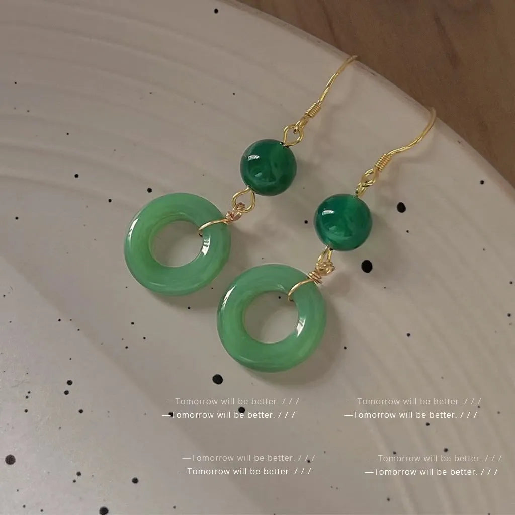 Green jade geometric Chinese style earrings with peace buckle design in 14K gold zinc alloy