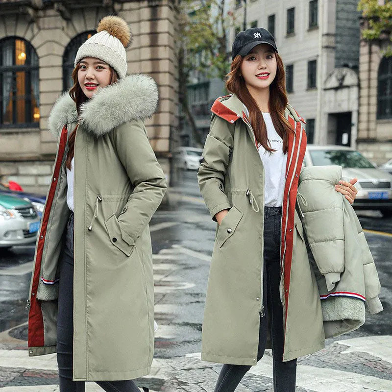 Women's long beige trench coat with a 100cm length, down cotton filler, and long sleeves shown in an elegant style.
