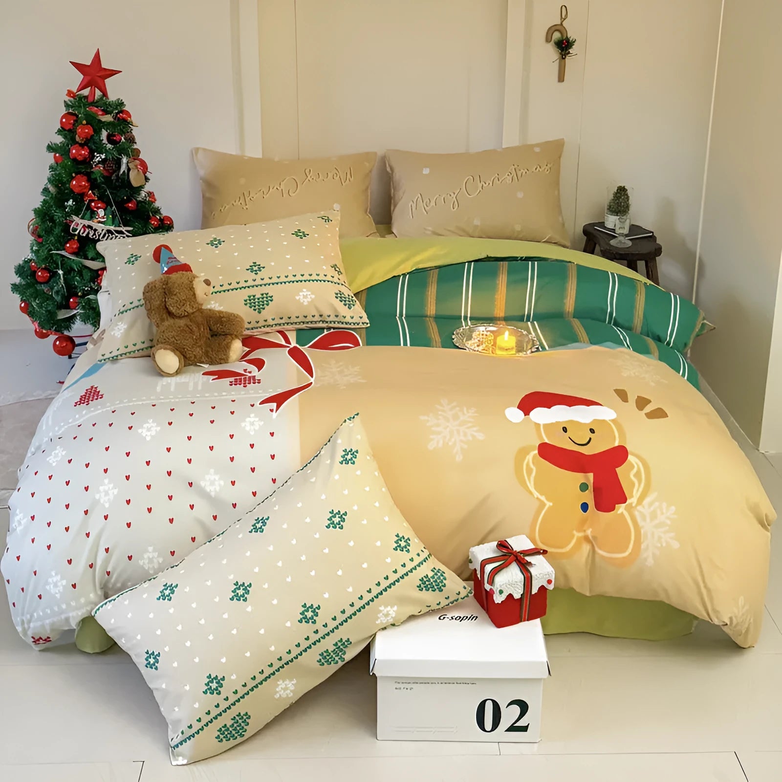 Cartoon Christmas duvet cover and pillowcase set in red and green on a bed.