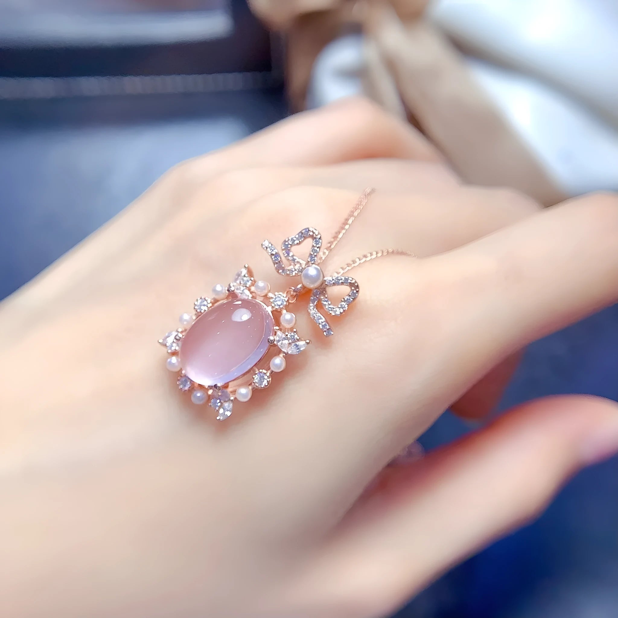 Geometric rose quartz pendant necklace on rose gold plated silver chain