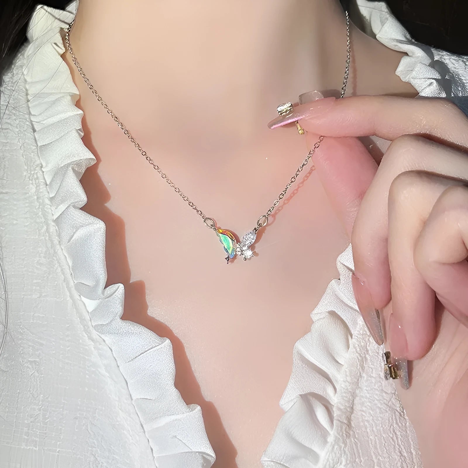 Colourful butterfly pendant necklace on alloy cross chain for women