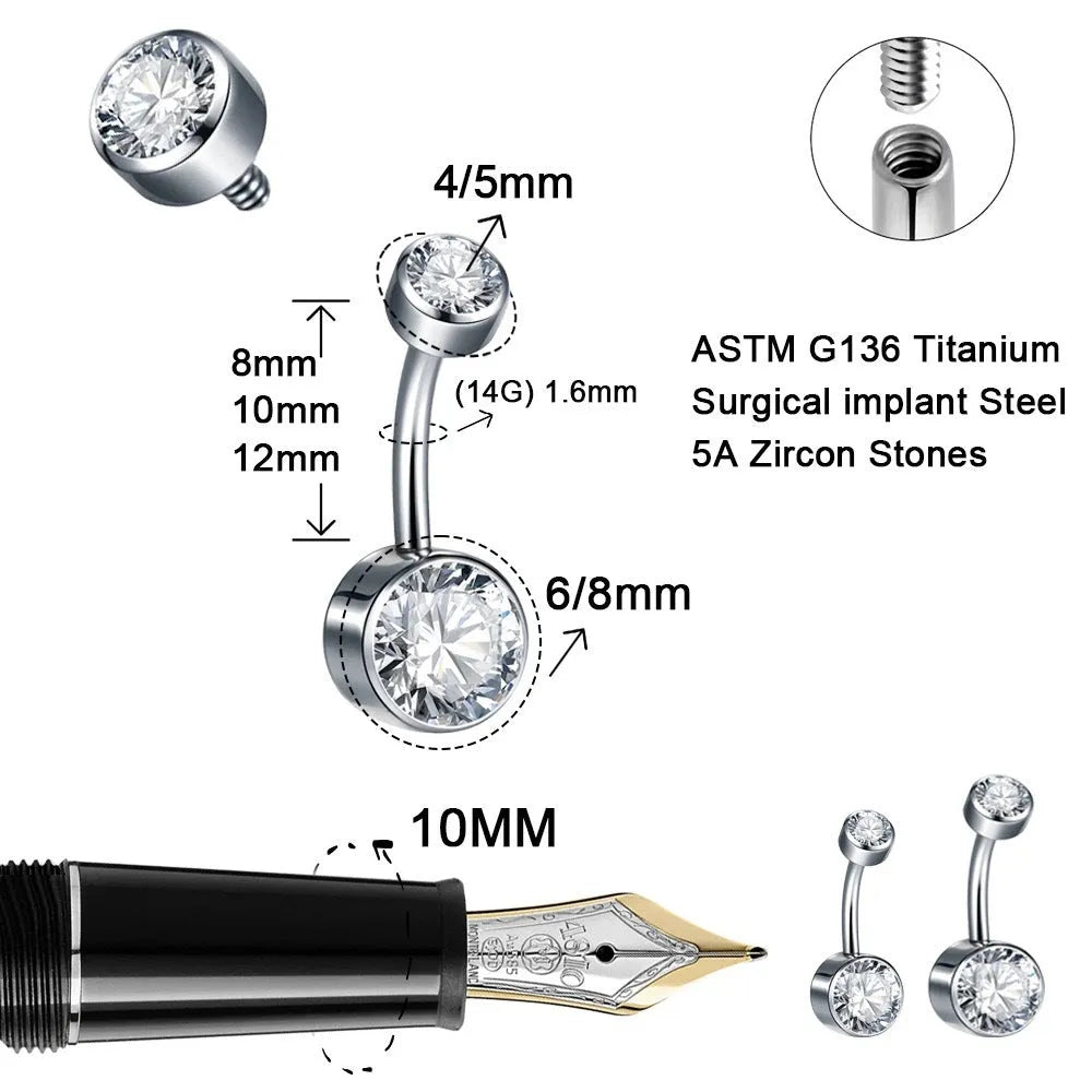 Titanium alloy double-headed navel stud with internal thread in various colours and sizes.