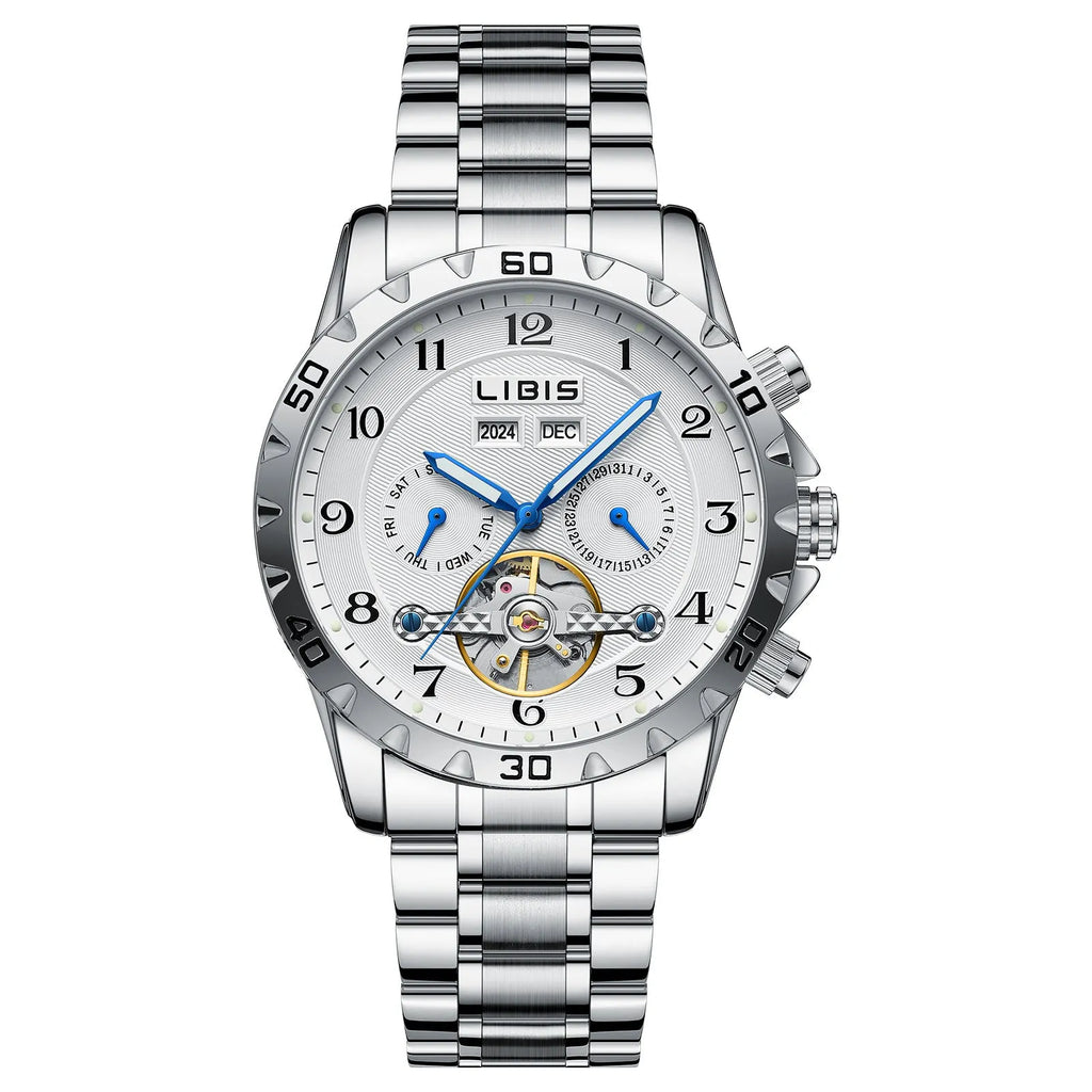 Silver men's automatic perpetual calendar mechanical watch with stainless steel strap and sapphire crystal glass.