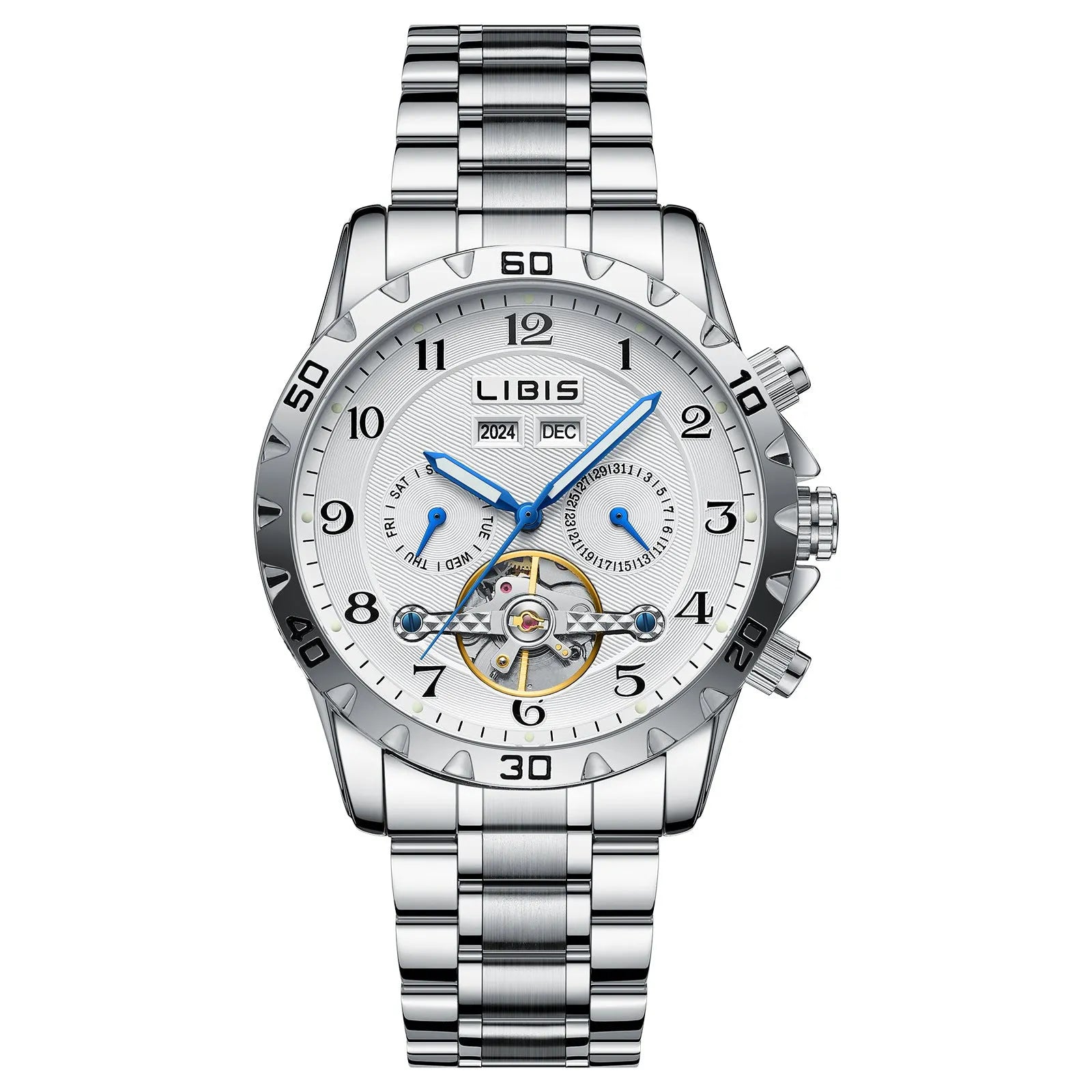 Silver men's automatic perpetual calendar mechanical watch with stainless steel strap and sapphire crystal glass.