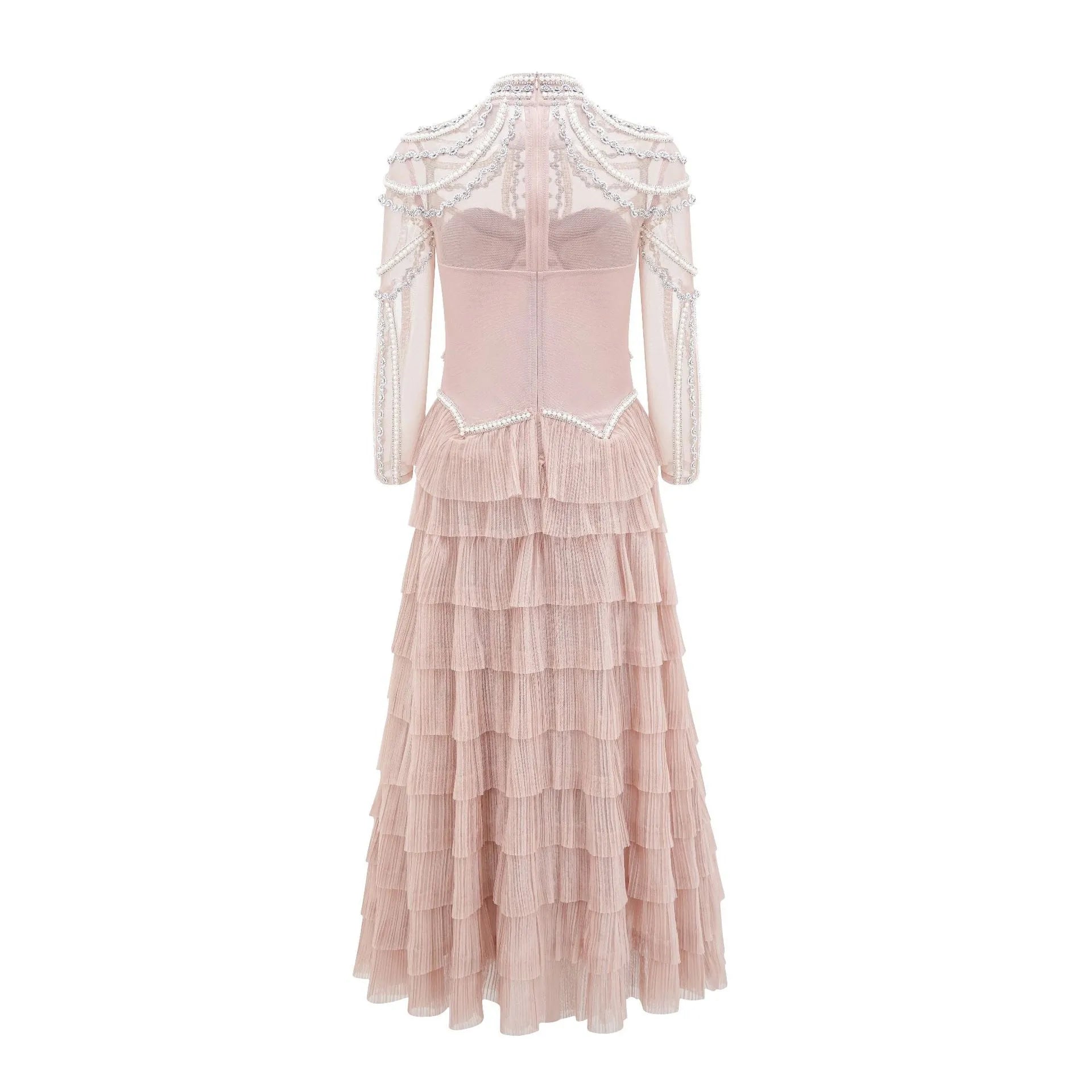 Women's long sleeve beaded dress in black or pink with three-dimensional decoration