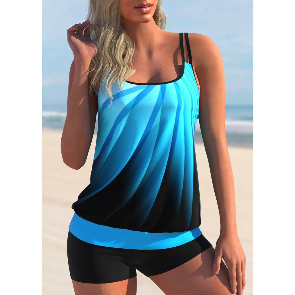 Plus size women's butterfly print swimsuit with halter top and separate shorts