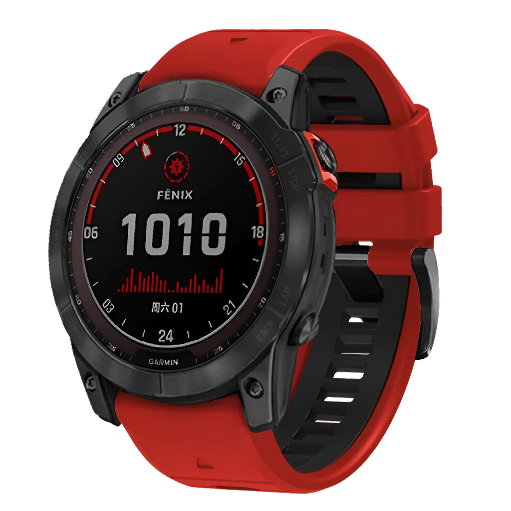 Two-colour quick-release silicone watch strap for Garmin Fenix and Enduro models on a watch case.