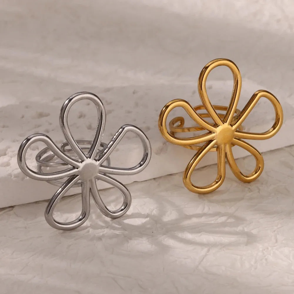 Stainless steel open mouth hollow flower ring for women in gold finish