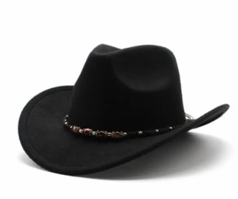 Brown leather velvet Western cowboy hat with a curved edge and conical crown.