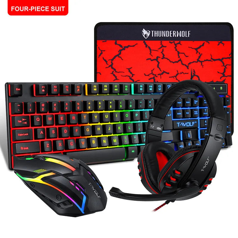 Thunder Wolf T800 wired gaming bundle showing keyboard, mouse, headset, and mouse mat with RGB lighting