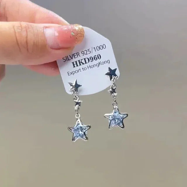 Geometric heart shaped rhinestone ear clips with star and tassel decoration on electroplated alloy