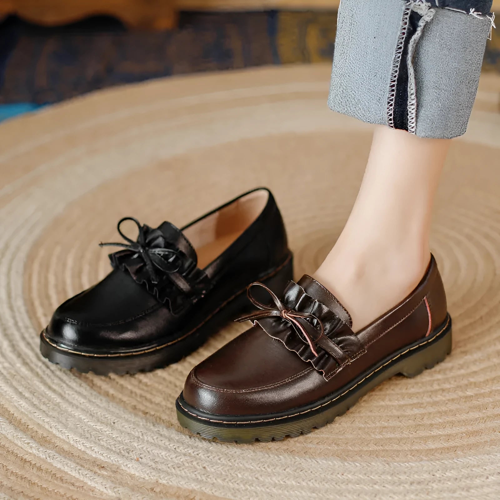 British style women's leather shoes with round head and chunky flat heel in black or brown