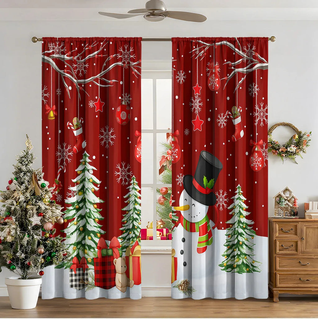 Pair of 3D digital printed Christmas curtains with a festive pattern on a window.