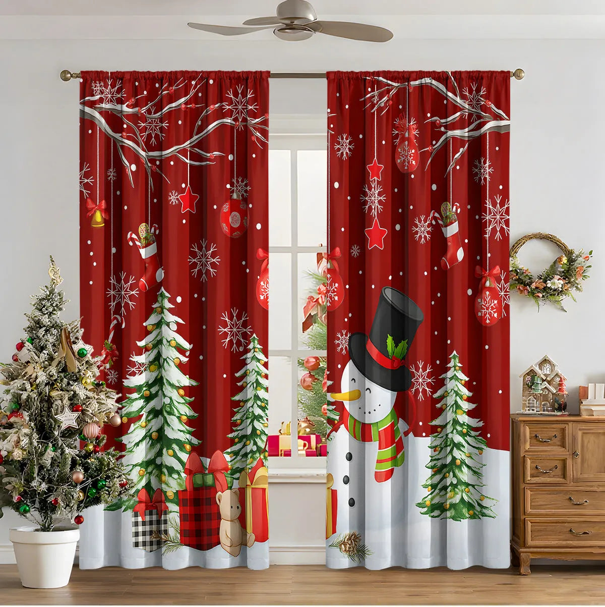 Pair of 3D digital printed Christmas curtains with a festive pattern on a window.