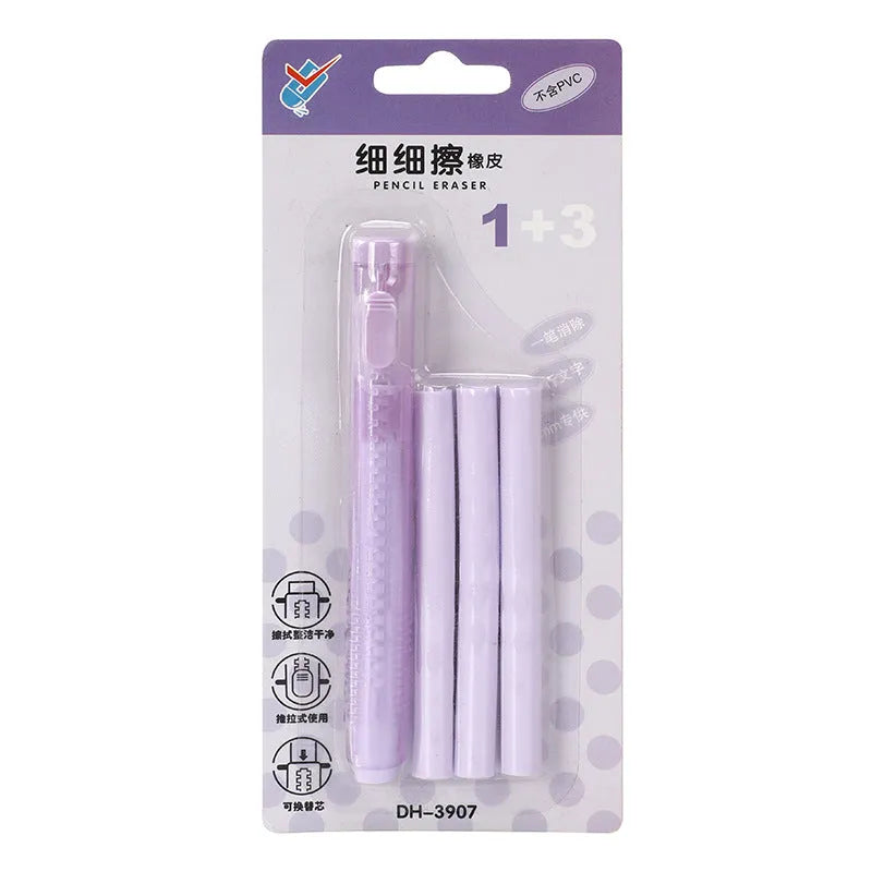 Push type automatic eraser for children in blue, green, pink, or purple colours measuring 12 by 8 centimetres