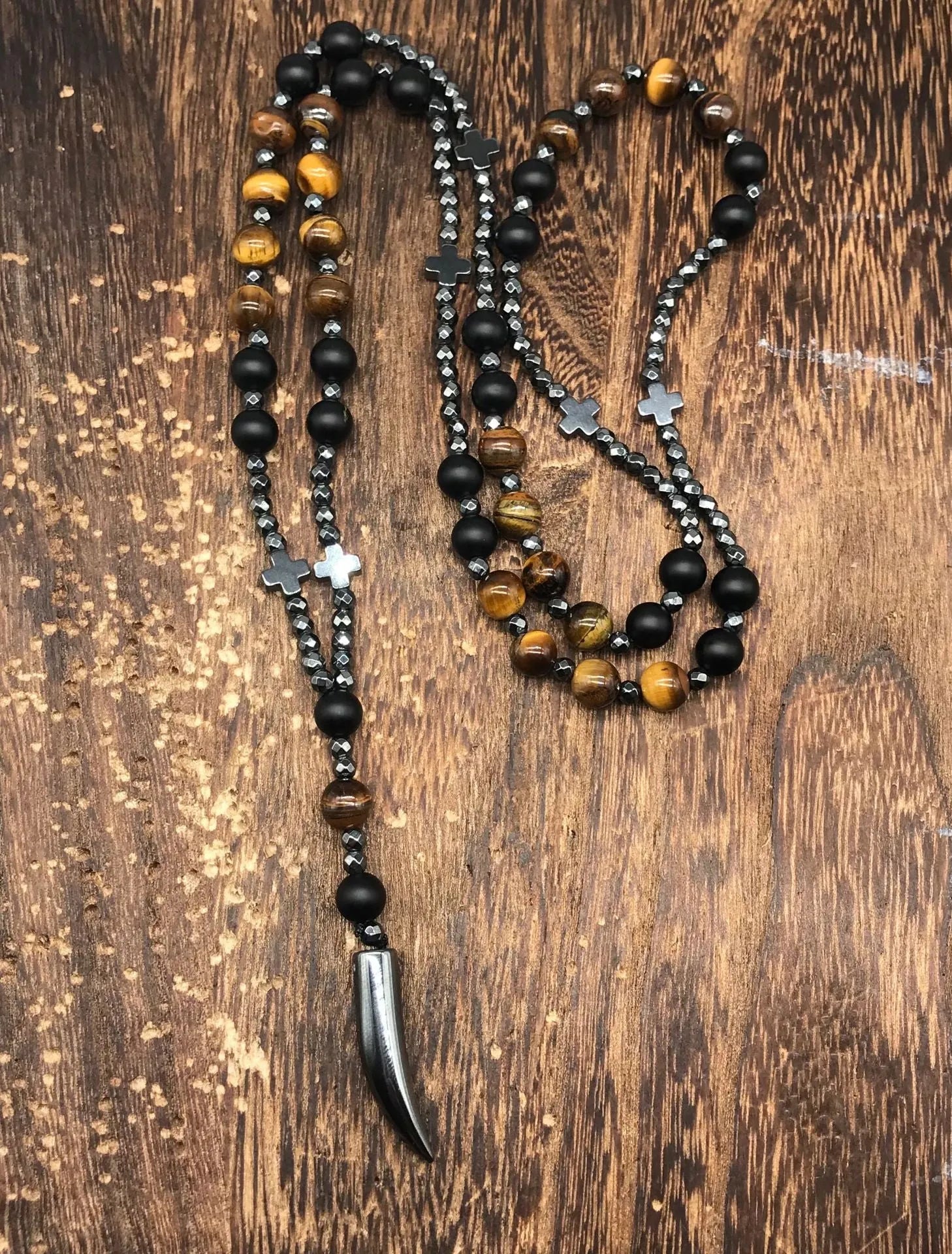 Hand-woven stone cross pendant necklace on ball bead chain with safety lock clasp