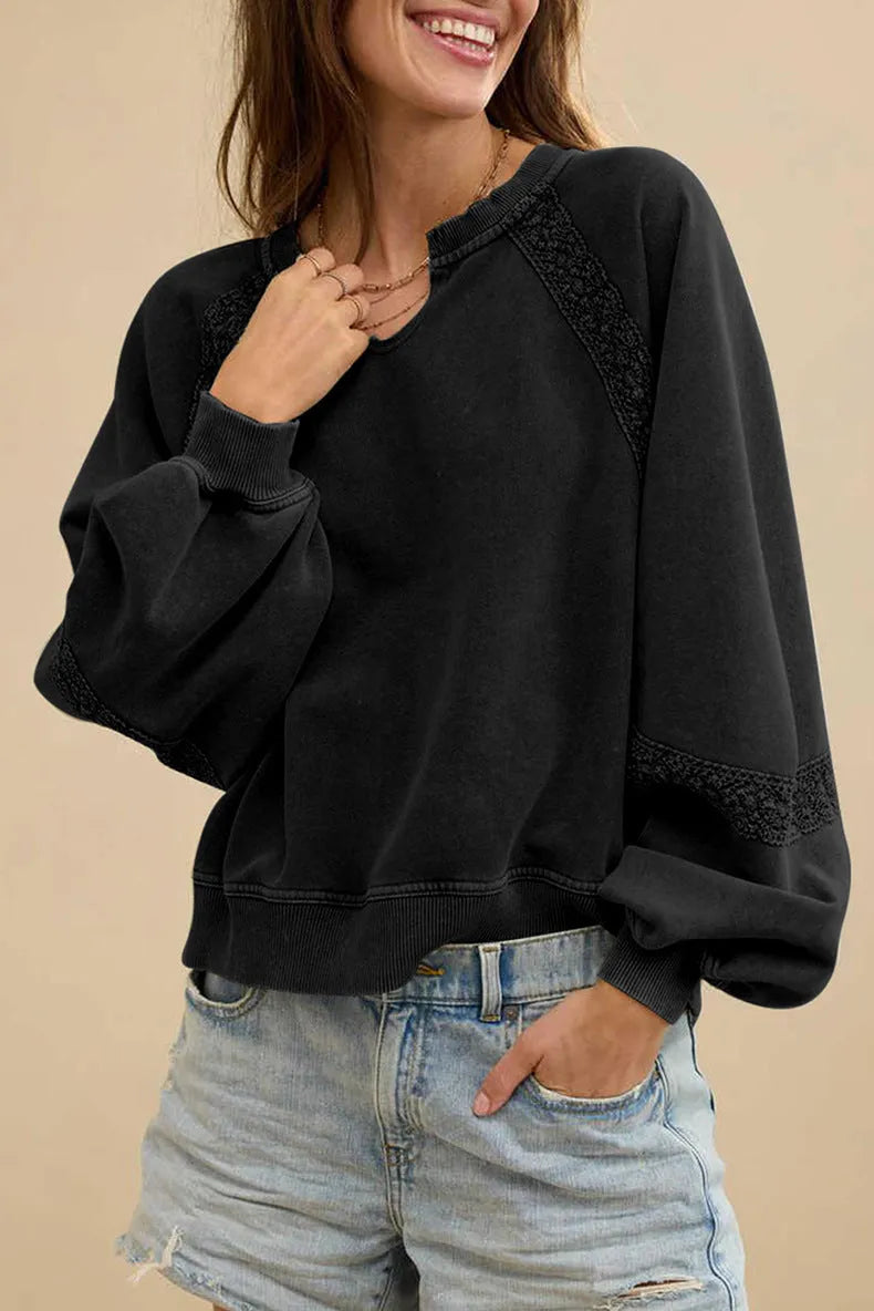 Women's half-open collar long sleeve sweater with stitching lace detail in cotton polyester fabric