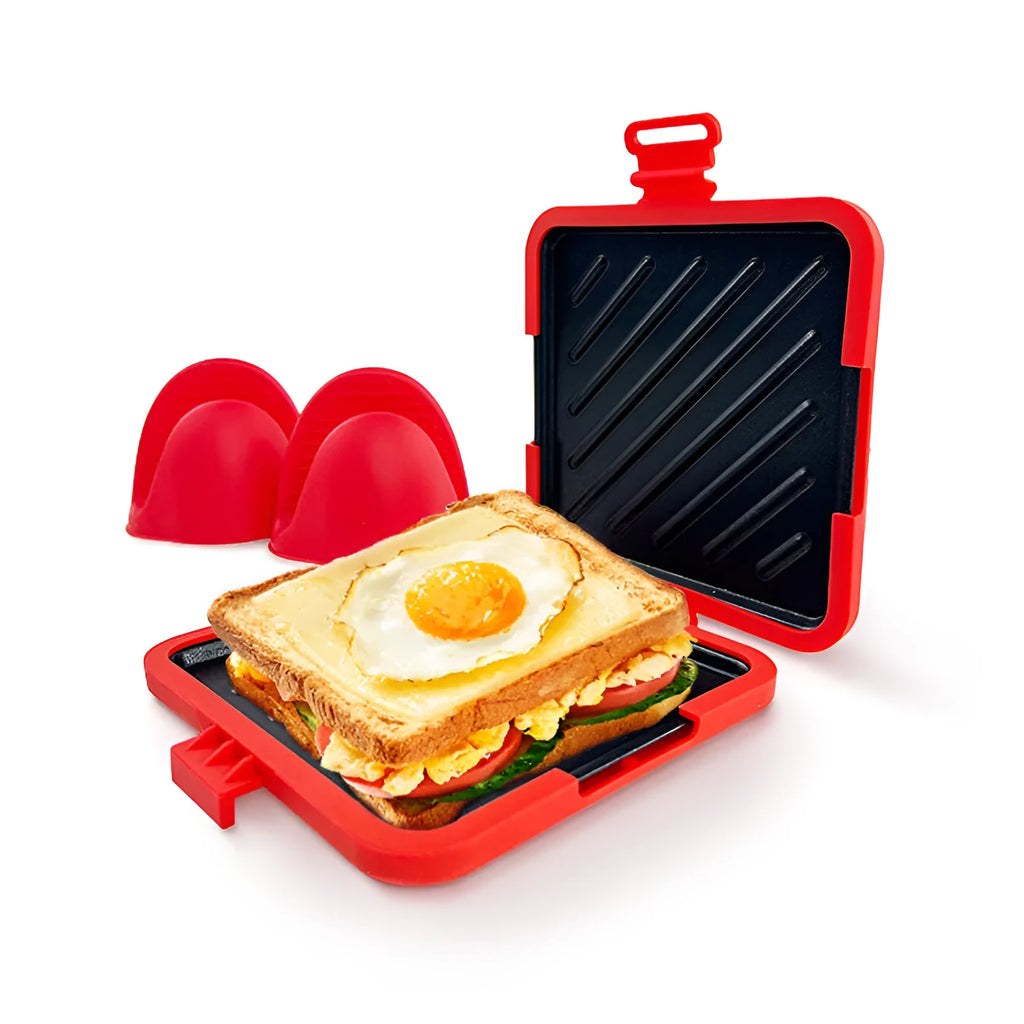 Blue silicone baking tray with integrated anti-scald gloves in handbag design