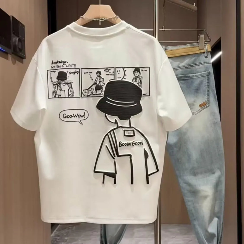 Men's black cotton t-shirt with a cartoon print, showing crew neck and short sleeve design on a hanger.
