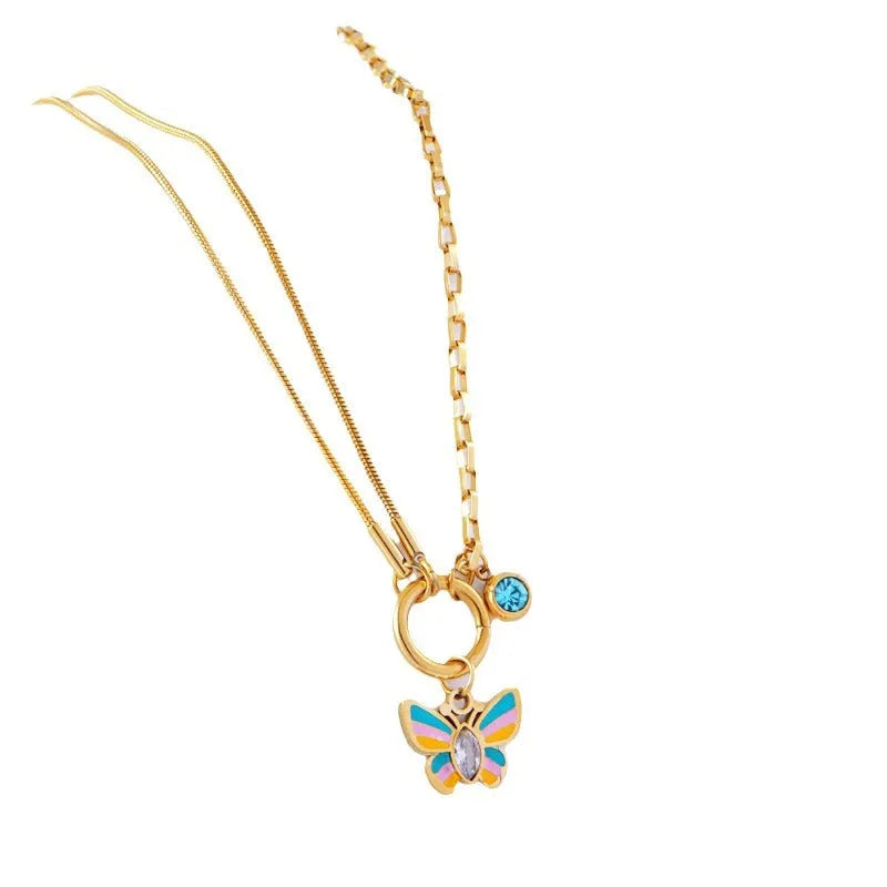 Gold tone titanium steel necklace and bracelet set with colourful epoxy butterfly pendants on a snake bone chain.
