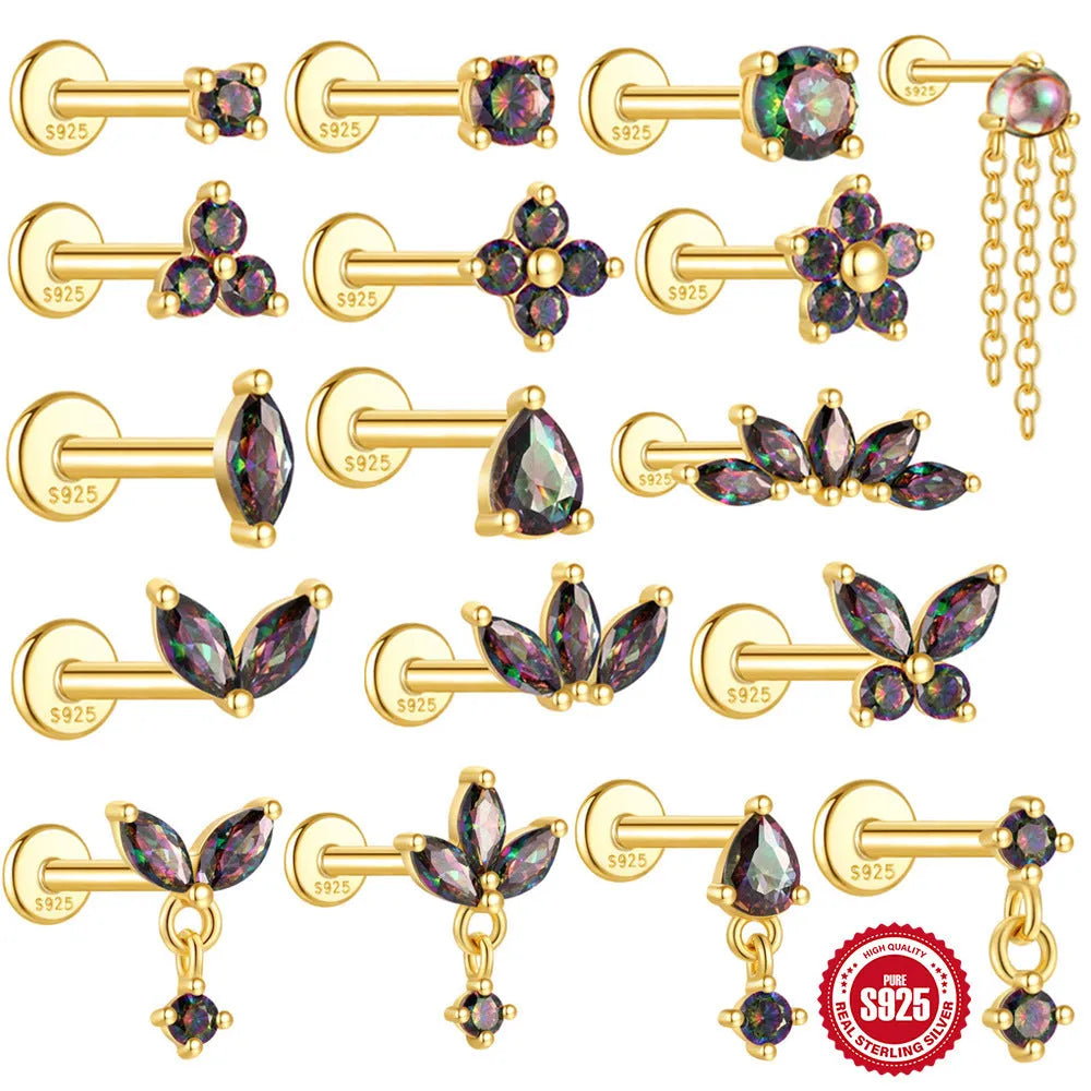 S925 sterling silver geometric flat head thread piercing earrings with rainbow stone finish in gold colour