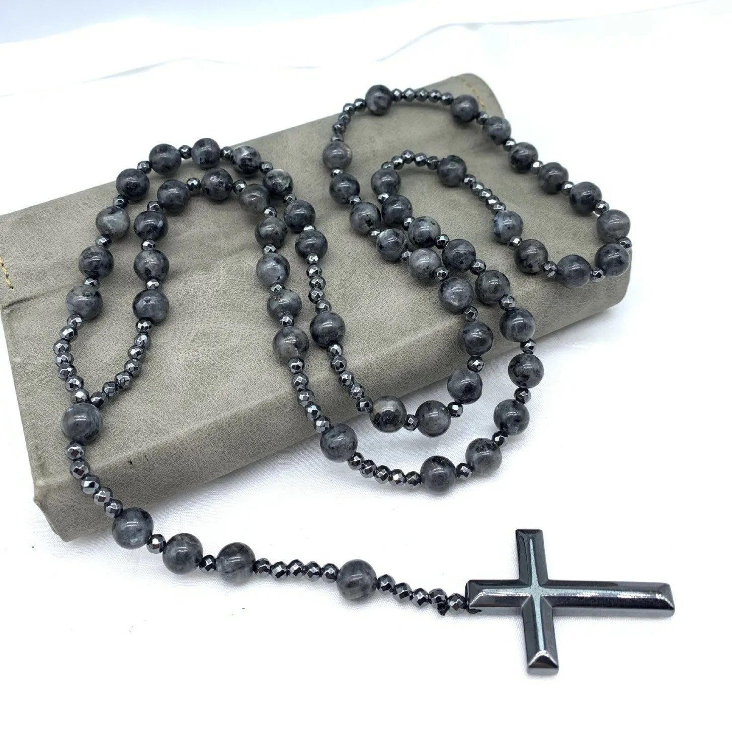 Hand-woven stone cross pendant necklace on ball bead chain with safety lock clasp