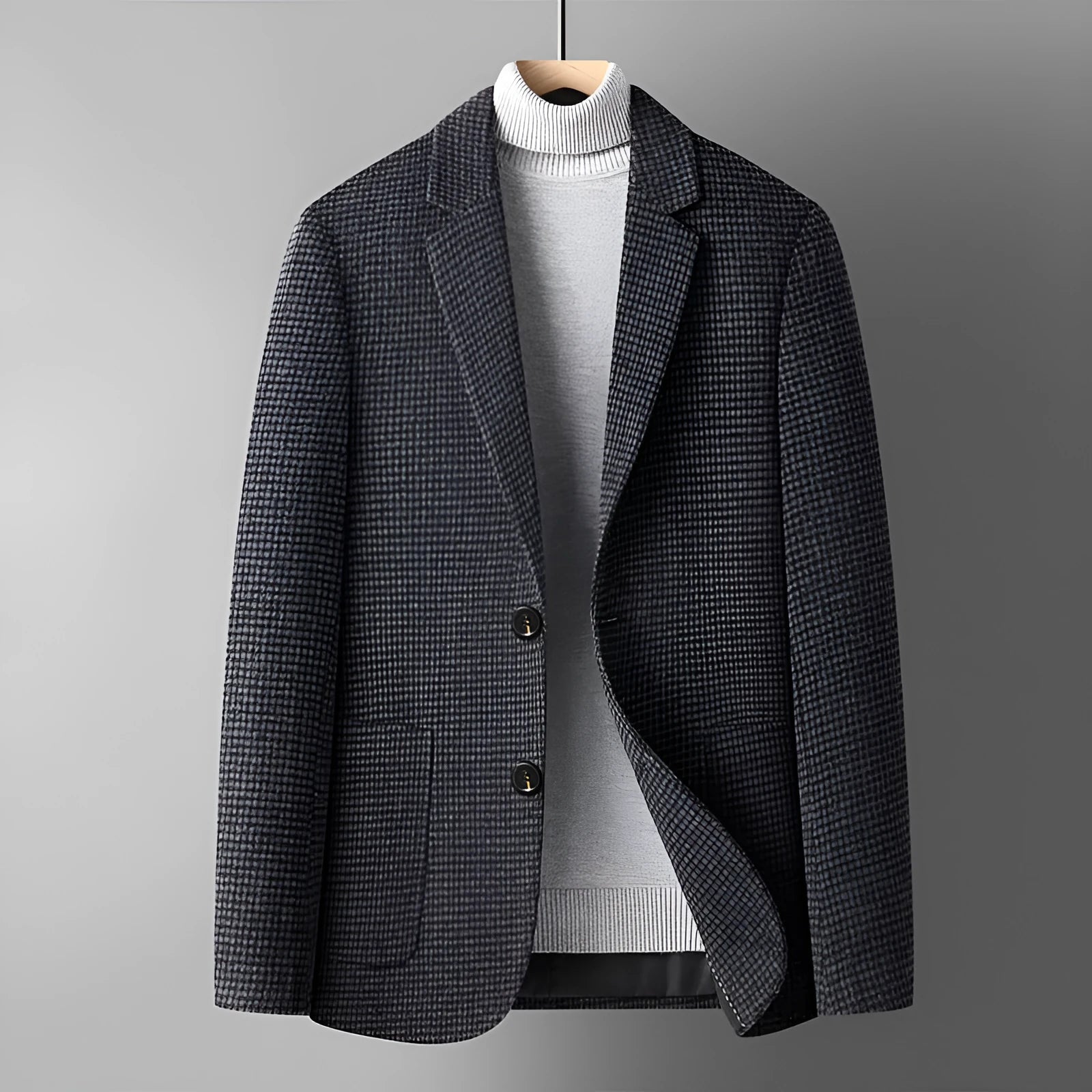 Men's slim fit wool suit in a solid colour with a polyester lining, shown on a hanger.