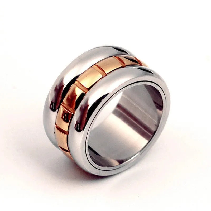 Ultra-wide gold titanium steel knuckle ring with rotatable band, sizes 7 to 10, natural style.