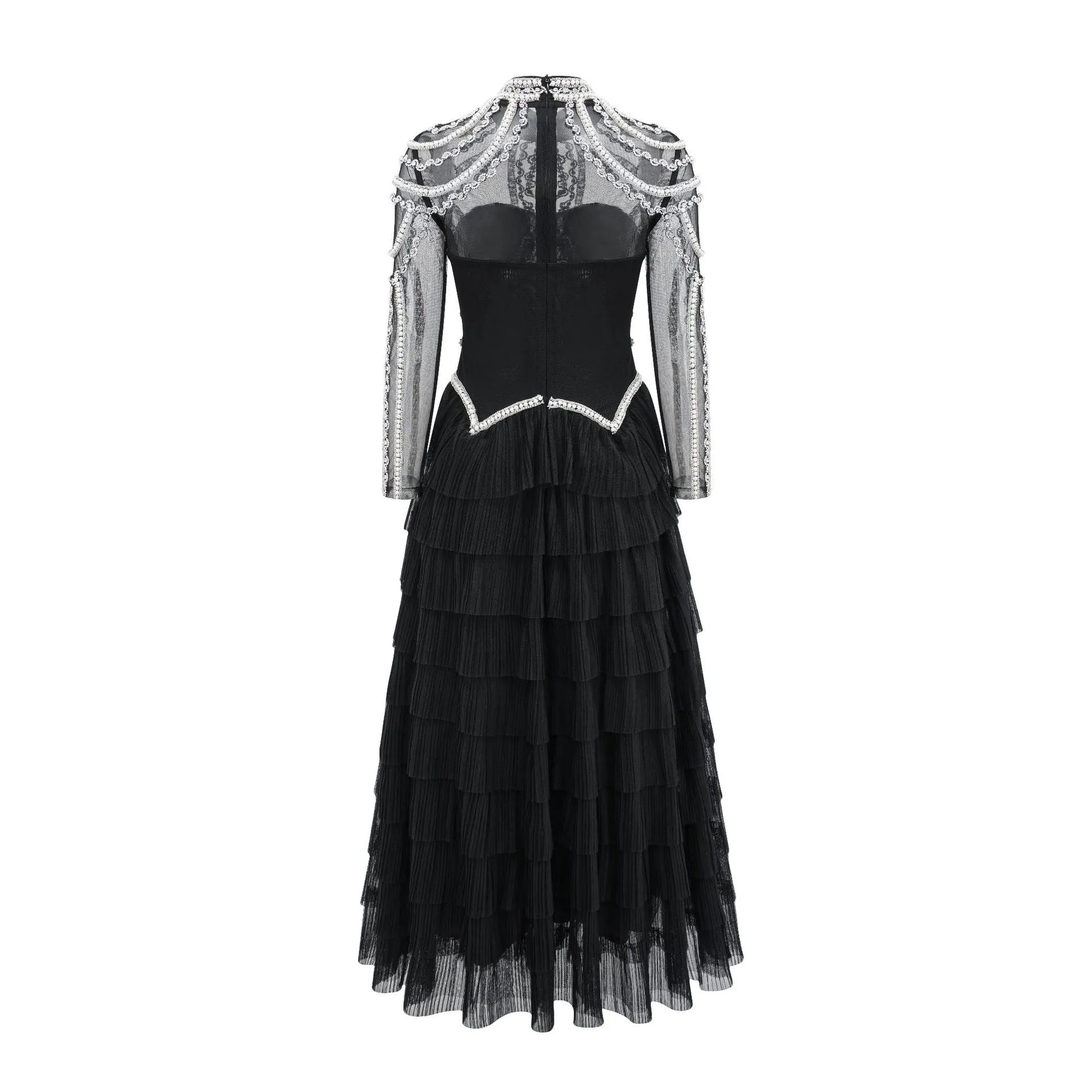 Women's long sleeve beaded dress in black or pink with three-dimensional decoration
