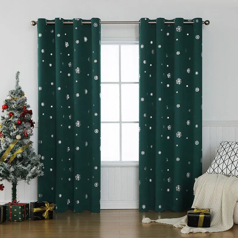 Polyester snowflake print shade curtain in red or green with modern design