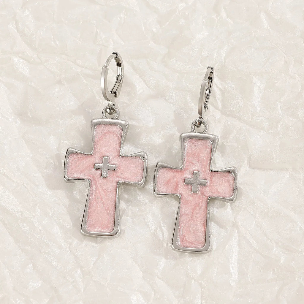 Women's alloy earrings with cross crystal design in antique silver, white, and bright black cat colour options