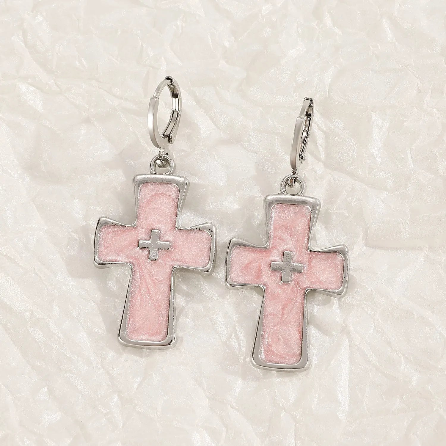 Women's alloy earrings with cross crystal design in antique silver, white, and bright black cat colour options