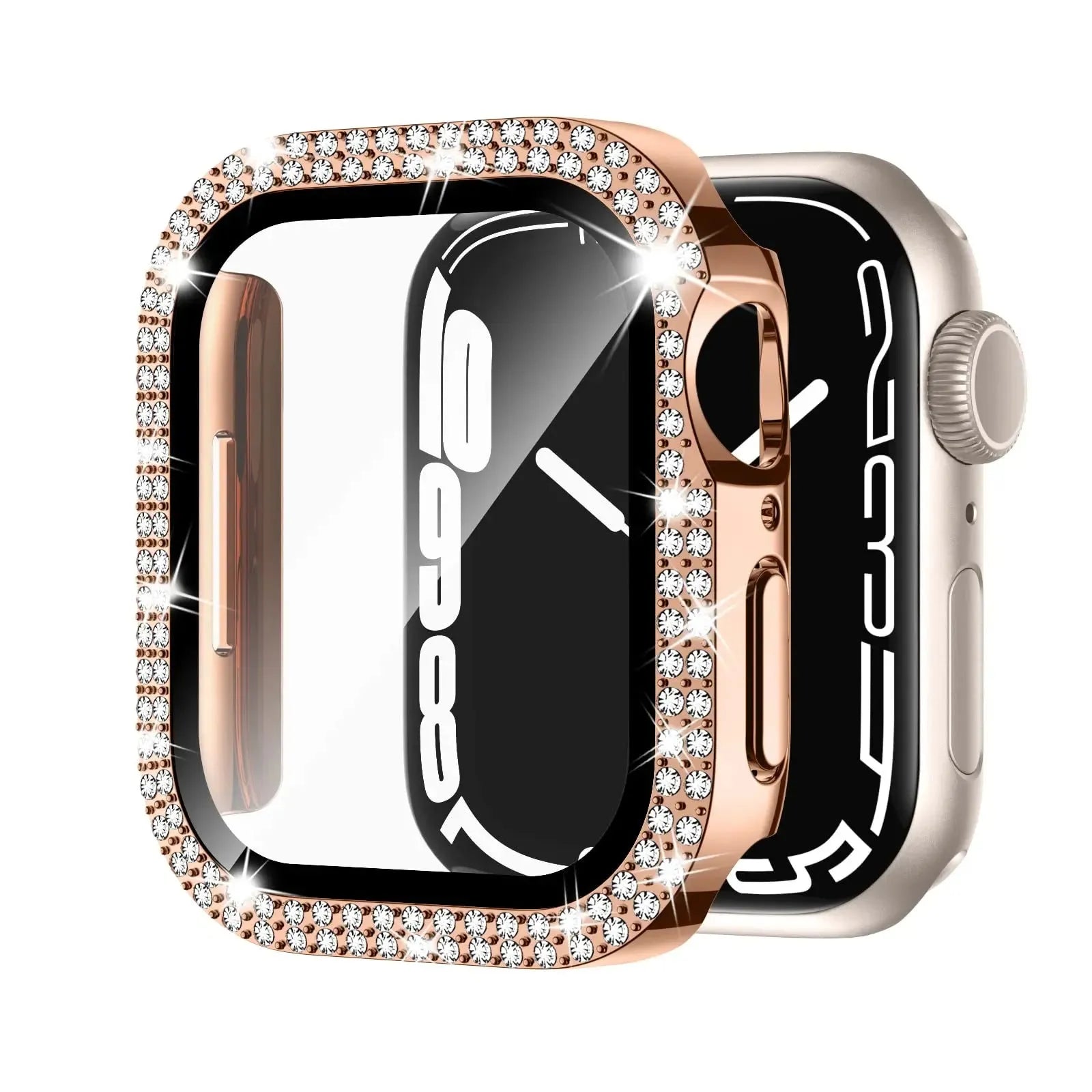 Apple Watch case with double-diamond peep-proof glass in rose pink, gold, silver, black, and transparent colours.