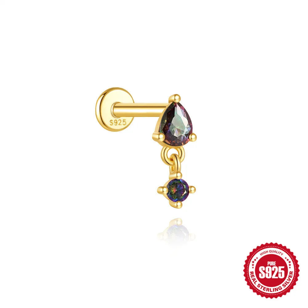 S925 sterling silver geometric earrings with rainbow stone and flat head thread post