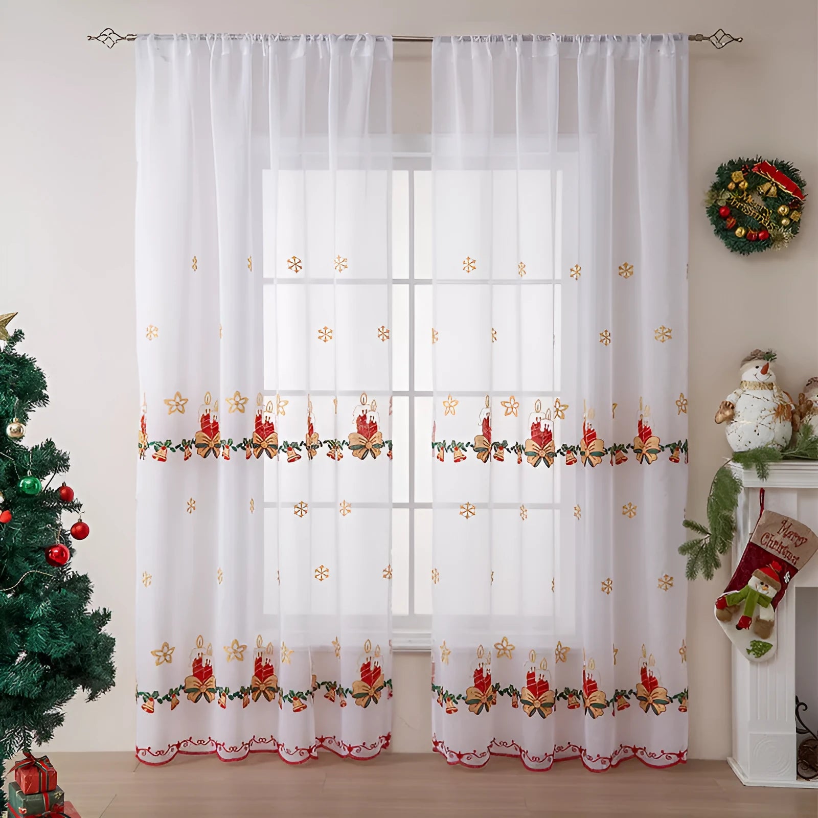 American Christmas curtain with embroidered snowflake design in semi-sunshade fabric
