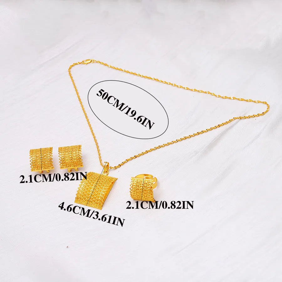 Gold-coloured bridal jewellery set with copper necklace, earrings, and ring for wedding occasions