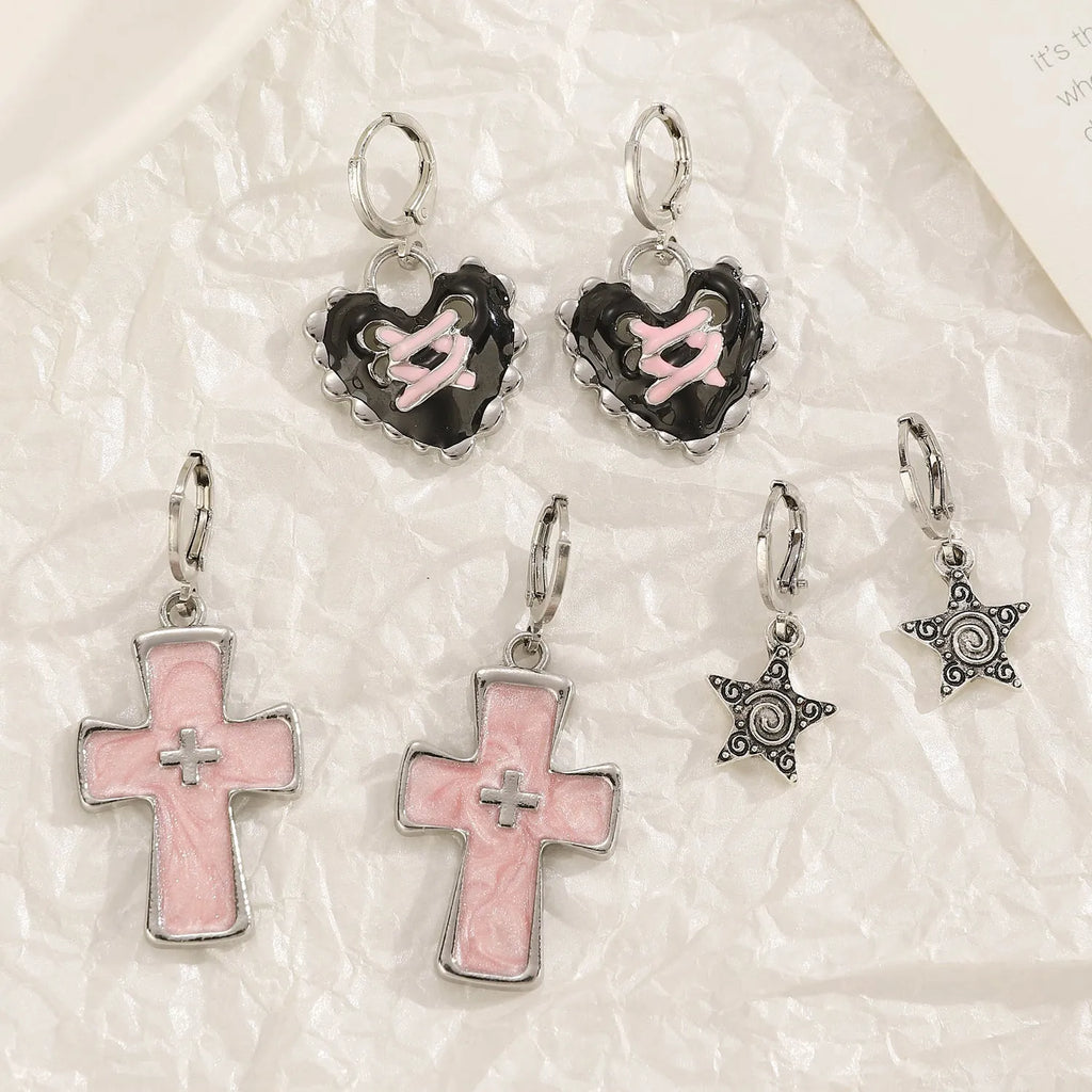 Women's alloy earrings with cross crystal design in antique silver, white, and bright black cat colour options