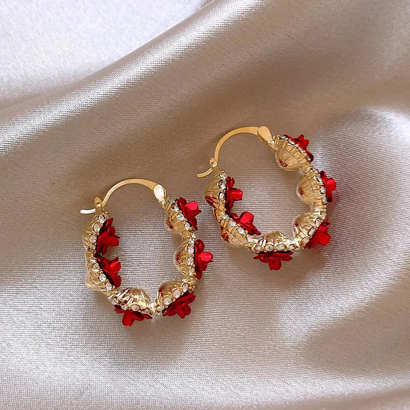 Red alloy ear clips with rose flower design for women's clip-on jewellery