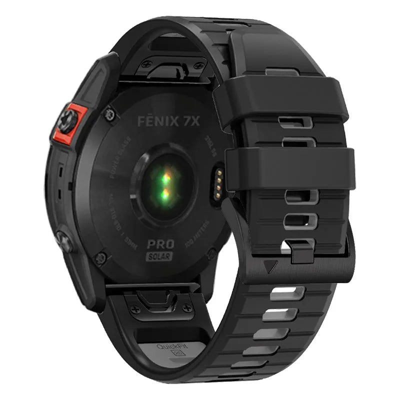 Two-colour quick-release silicone watch strap for Garmin Fenix and Enduro models on a watch case.