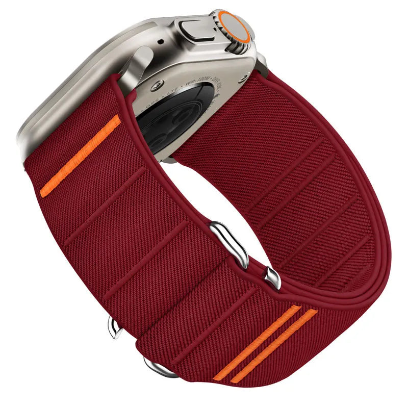 Elastic nylon Apple Watch replacement band with stainless steel buckle in various colours.
