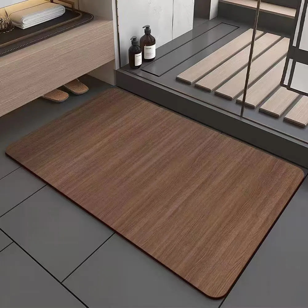 Square American wood grain pattern diatom mud bathroom floor mat on tiles.